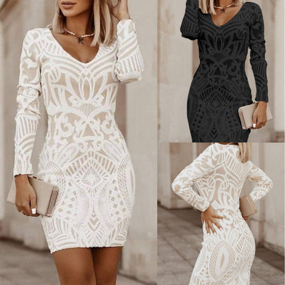 Light v-neck casual mesh embroidered long sleeve dress