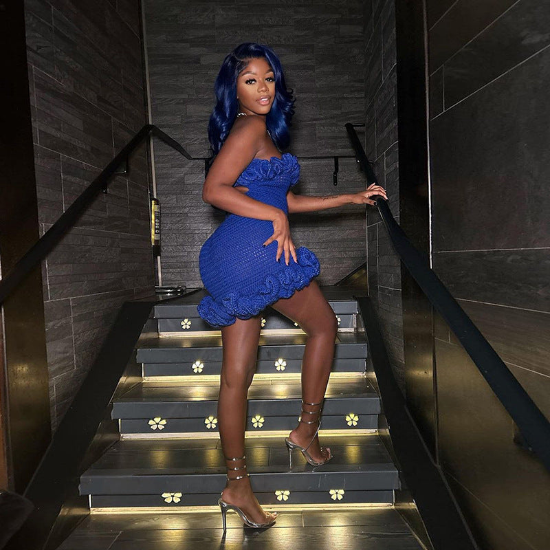 Hollow Sexy Knitted Lace-up Lace Backless Tube Top Package Hip Dress