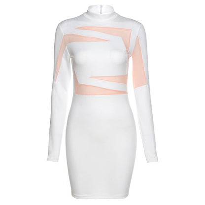 Long Sleeve Round Neck Contrast Color Fashion Hip Dress