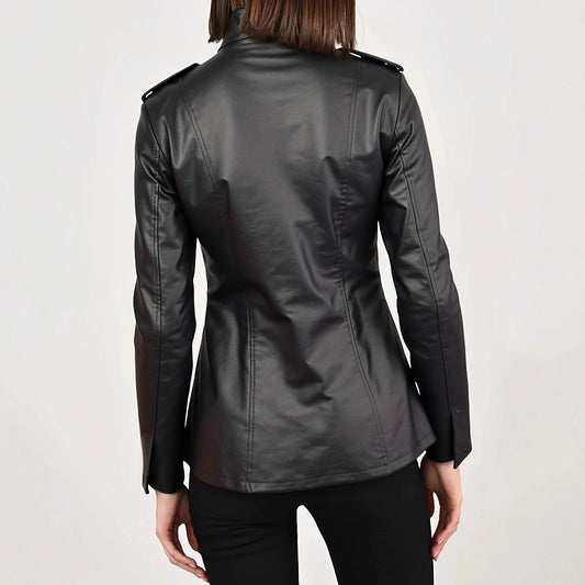 Women's Stand Collar Long Sleeve Distressed Fashion Leather Jacket Coat