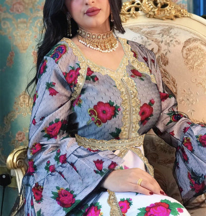 Middle Eastern Ethnic Style Printed Embroidery Lace Mesh Dress Dubai