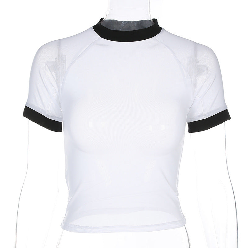 Women Summer White Mesh Transparent Breathable Short Sleeve T-Shirt