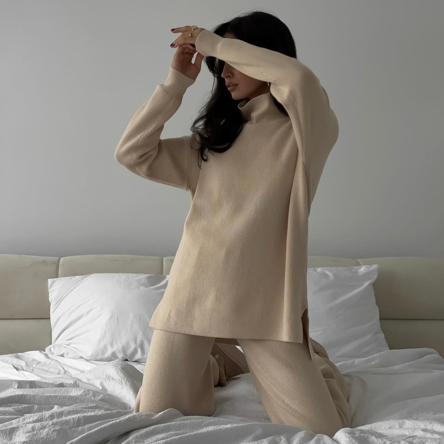 Temperament Leisure Solid Color Turtleneck Knitting Long-sleeve Suit