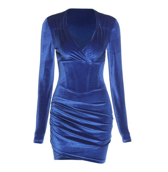 New Fashion Sexy Low-Cut Pleated Slim Velvet Dress