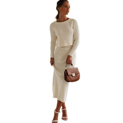 Fashion knitting split 3 color sweater dress long skirt