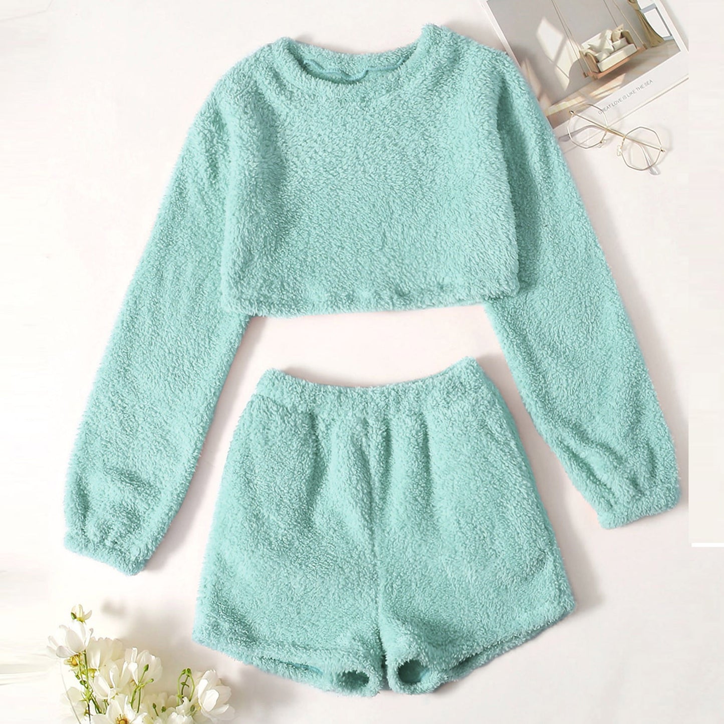 Autumn And Winter New High-waist Long-sleeved Plus Shorts And Home Leisure Coral Fleece Suit