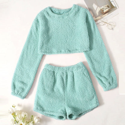 Autumn And Winter New High-waist Long-sleeved Plus Shorts And Home Leisure Coral Fleece Suit