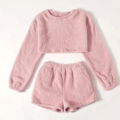 Autumn And Winter New High-waist Long-sleeved Plus Shorts And Home Leisure Coral Fleece Suit