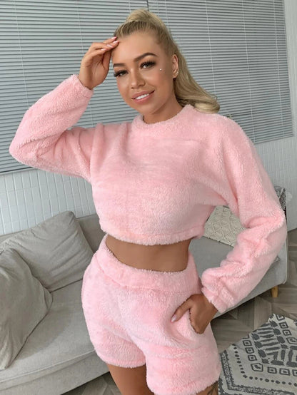 Autumn And Winter New High-waist Long-sleeved Plus Shorts And Home Leisure Coral Fleece Suit