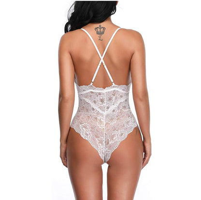 Fashion Sexy Lace Cross Sling Hollow Bodysuit