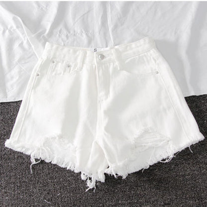 Summer New Denim High Waist Korean Shorts Women Loose Holes Chic Tassel A Word Wide Leg Hot Pants Trend