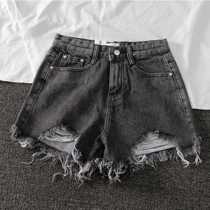 Summer New Denim High Waist Korean Shorts Women Loose Holes Chic Tassel A Word Wide Leg Hot Pants Trend