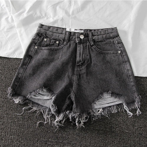 Summer New Denim High Waist Korean Shorts Women Loose Holes Chic Tassel A Word Wide Leg Hot Pants Trend