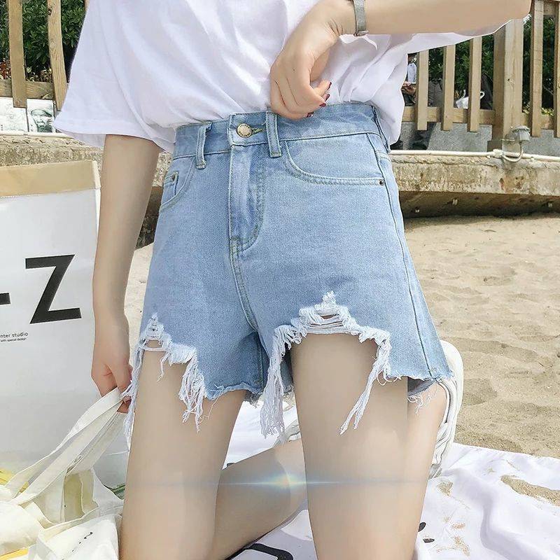 Summer New Denim High Waist Korean Shorts Women Loose Holes Chic Tassel A Word Wide Leg Hot Pants Trend