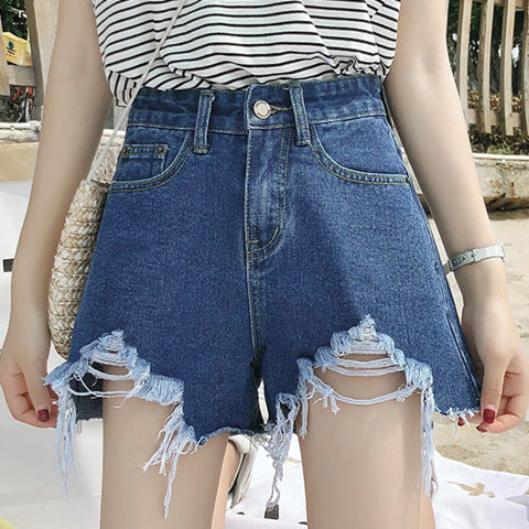 Summer New Denim High Waist Korean Shorts Women Loose Holes Chic Tassel A Word Wide Leg Hot Pants Trend