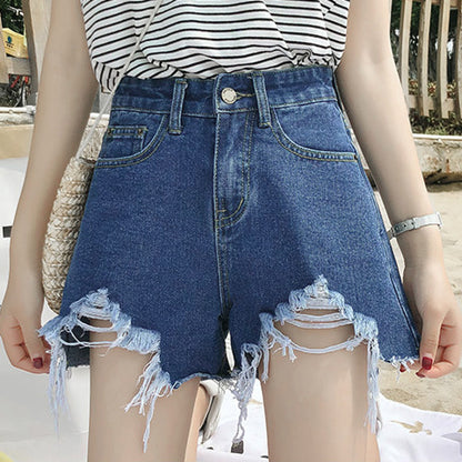Summer New Denim High Waist Korean Shorts Women Loose Holes Chic Tassel A Word Wide Leg Hot Pants Trend