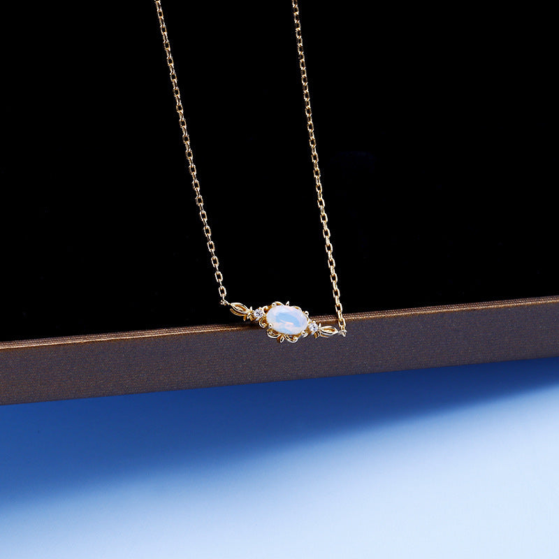 Sterling Silver Gold-plated Openwork Pattern Opal Necklace Women Classic Style Light Luxury Jewelry