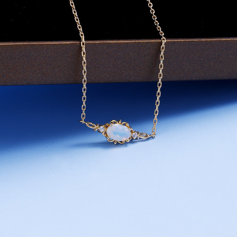 Sterling Silver Gold-plated Openwork Pattern Opal Necklace Women Classic Style Light Luxury Jewelry