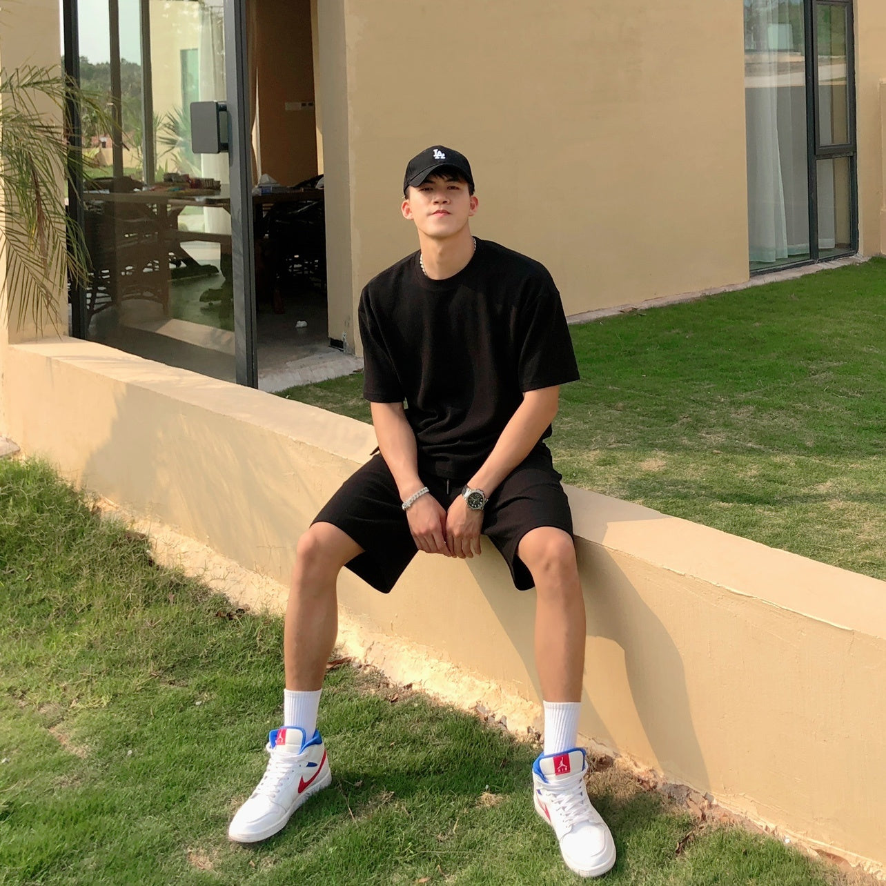 Bare Arms Summer New Loose Cotton Sports Casual Suit Waffle Short Sleeve T-shirt Quarter Shorts For Men