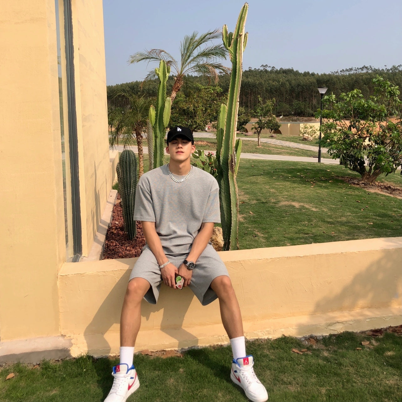 Bare Arms Summer New Loose Cotton Sports Casual Suit Waffle Short Sleeve T-shirt Quarter Shorts For Men