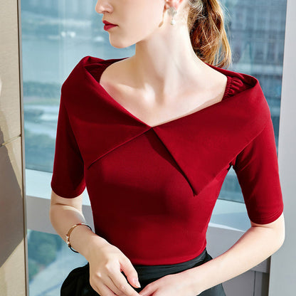 Pure Cotton Sleeve T-shirt Women Spring And Summer New Style Compassionate Small Shirt Five-Point Sleeve Exposed Clavicle Diagonal Shoulder Top