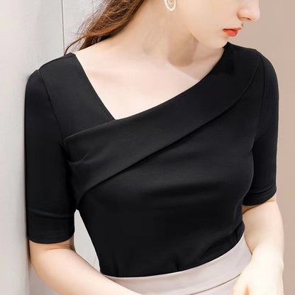 Pure Cotton Sleeve T-shirt Women Spring And Summer New Style Compassionate Small Shirt Five-Point Sleeve Exposed Clavicle Diagonal Shoulder Top