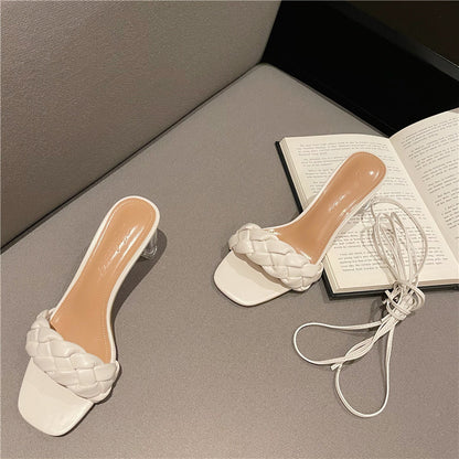Summer New Fashion Woven 2 Ways To Wear Slippers Female Transparent Crystal Heel Lace High Heel Open Toe Sandals