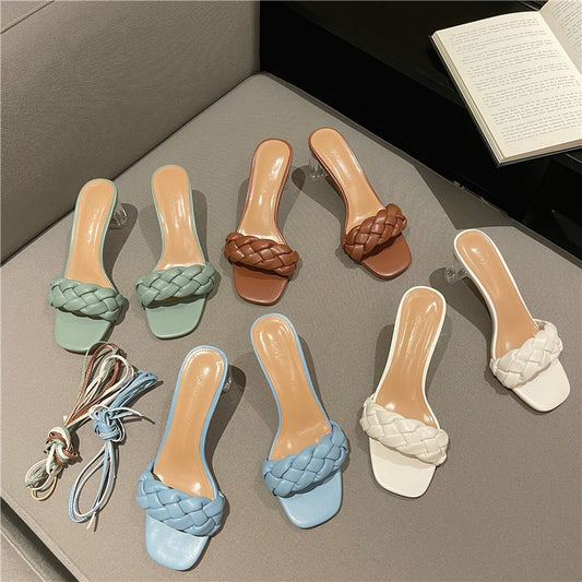 Summer New Fashion Woven 2 Ways To Wear Slippers Female Transparent Crystal Heel Lace High Heel Open Toe Sandals