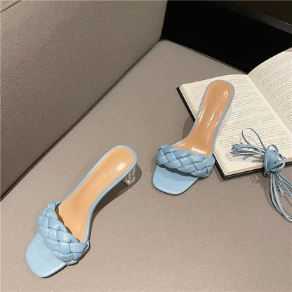 Summer New Fashion Woven 2 Ways To Wear Slippers Female Transparent Crystal Heel Lace High Heel Open Toe Sandals