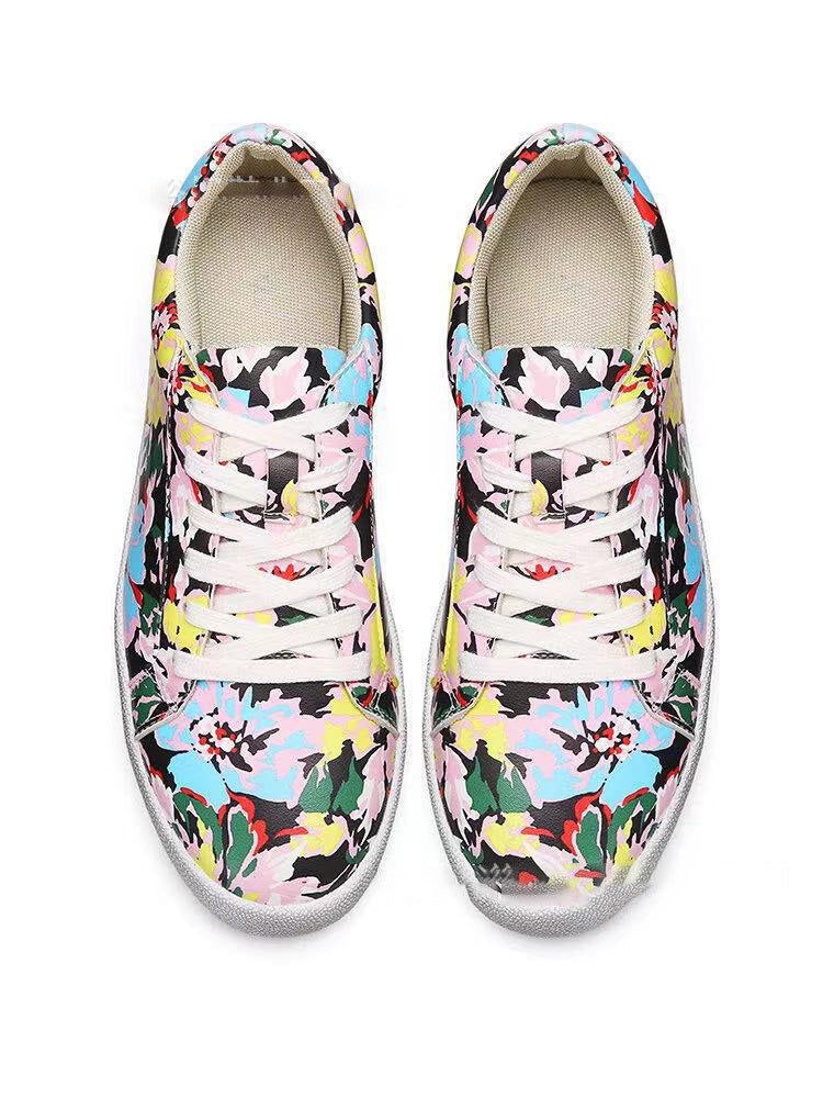 SOCOFY Femme Imprime Fleurs Baskets Chaussures A Lacets Decontracte Baskets En Plein Air Dames Marche Chaussures De Sport Chaussures de Skate