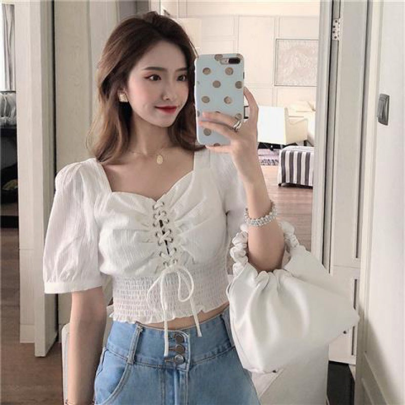 Women's Short-sleeved Square Collar Sexy Low-cut Umbilical Strap Solid Color T-shirt Women