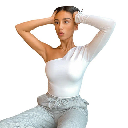 One-Shoulder Long-Sleeved Blouse For Fall New Fashion Slim Cropped T-Shirt Women