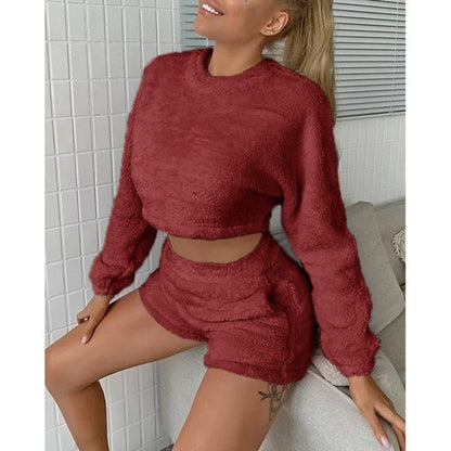Autumn And Winter New High-waist Long-sleeved Plus Shorts And Home Leisure Coral Fleece Suit