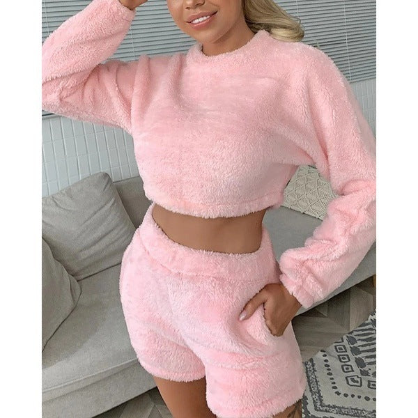 Autumn And Winter New High-waist Long-sleeved Plus Shorts And Home Leisure Coral Fleece Suit