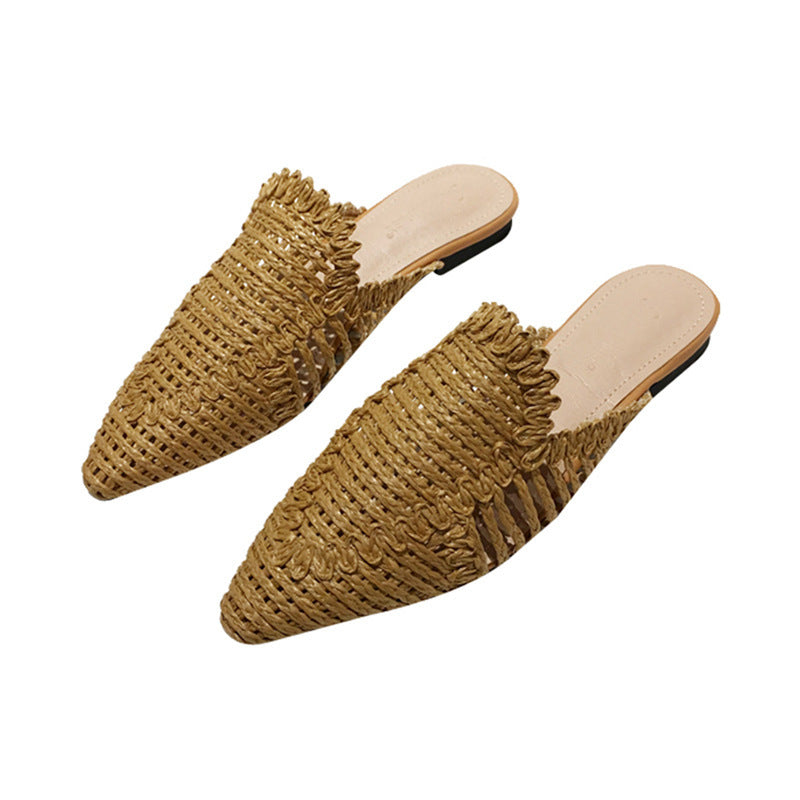 Womens Flats Shoes Mules Rattan Slippers Hollow Slipper Pointed Toe