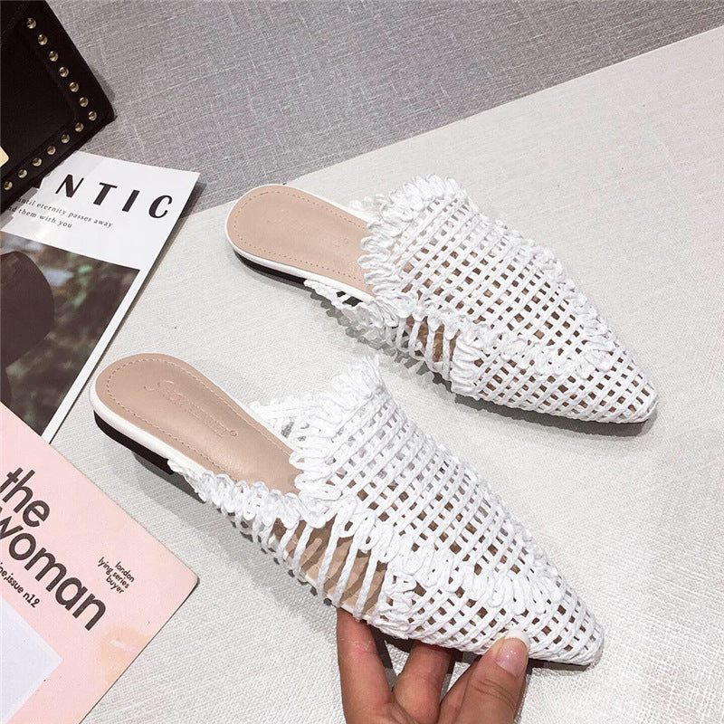 Womens Flats Shoes Mules Rattan Slippers Hollow Slipper Pointed Toe