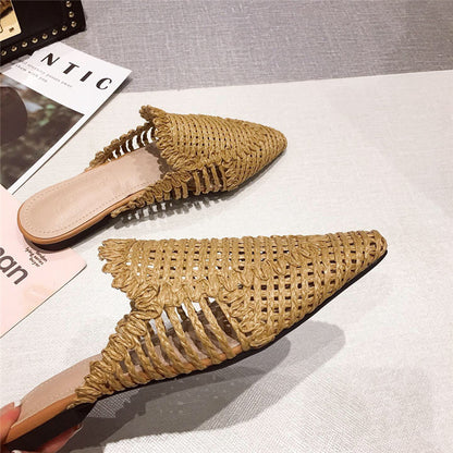 Womens Flats Shoes Mules Rattan Slippers Hollow Slipper Pointed Toe