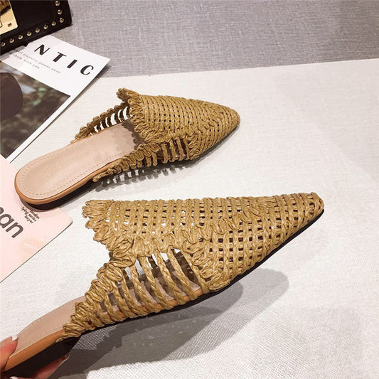 Womens Flats Shoes Mules Rattan Slippers Hollow Slipper Pointed Toe