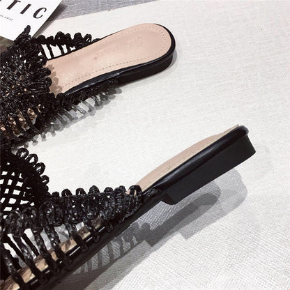 Womens Flats Shoes Mules Rattan Slippers Hollow Slipper Pointed Toe