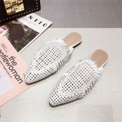 Womens Flats Shoes Mules Rattan Slippers Hollow Slipper Pointed Toe