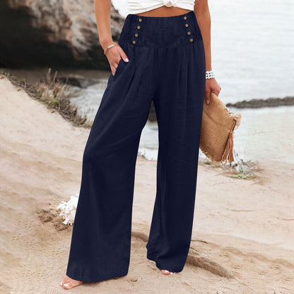 Spring And Summer Casual Elastic Waist High Waisted Women's Wide Leg Cotton Linen Loose Pants