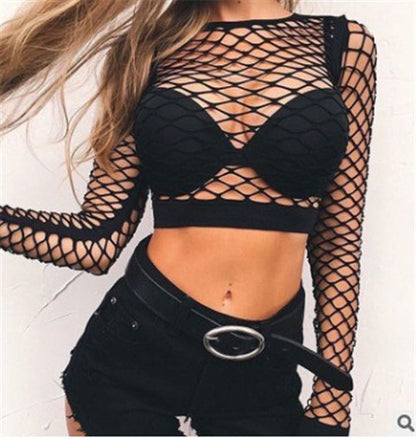 Fit High Waist Hollow-out See-through Fishnet Navel T-shirt Wear Women
