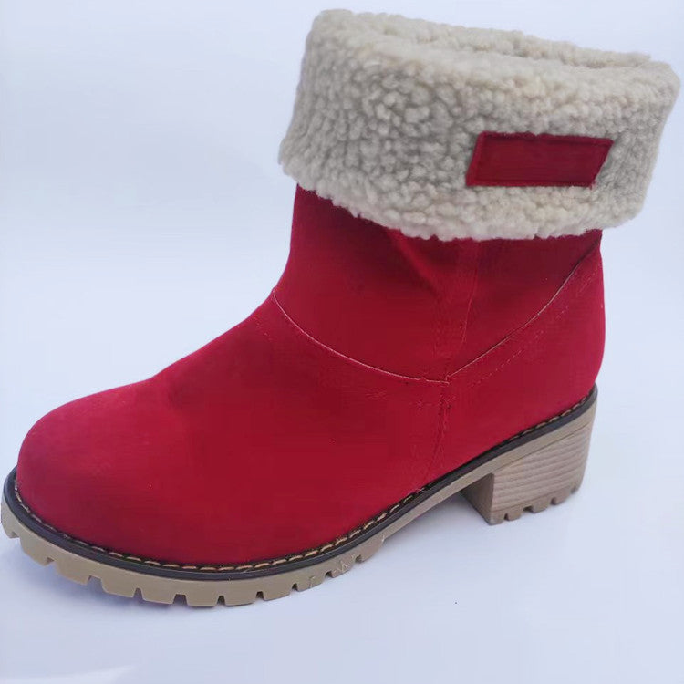 Suede Ankle Boots Adjustable Foldable Mid-Calf Boot Winter Flock Square Heels Shoes Fashion Plush Warm Platform Non-Slip Shoes