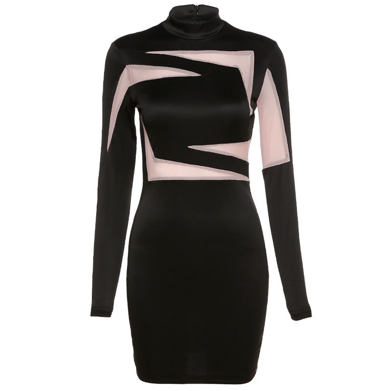 Long Sleeve Round Neck Contrast Color Fashion Hip Dress