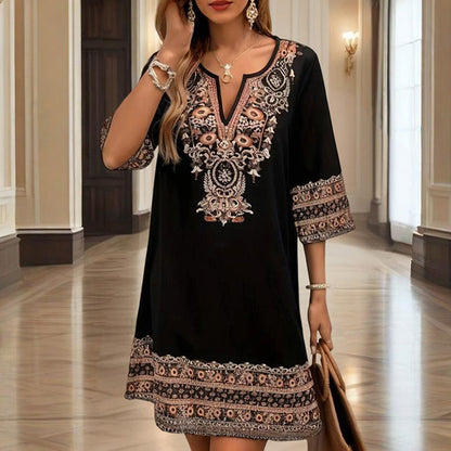 Women's V-Neck Middle Eastern Style Floral Print Midi Dress - Elegant Sleeve Design Lightweight Perfect For Spring&Summer Vacation & Daily Wear