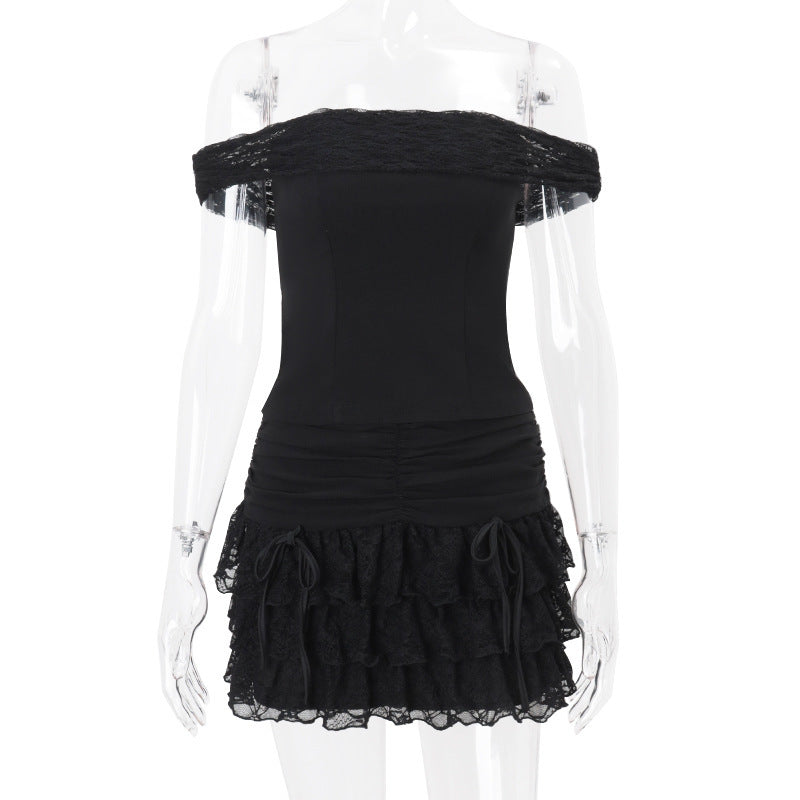 Off-shoulder Tube Top Seamed Lotus Leaf Edge Skirt Suit Women