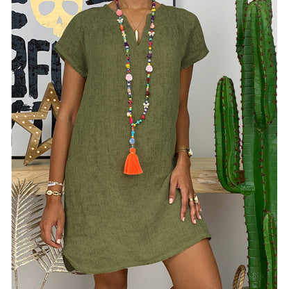 Womens Summer Casual Solid Color V Neck Short Sleeve Dresses Boho Beach Sundresses
