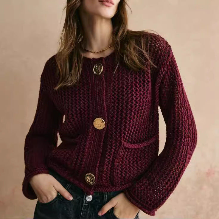 Fashion Round Neck All-matching Basic High-grade Thick Needle Cardigan For Women