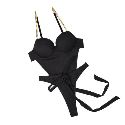 Metal Chain Strap Backless Bodysuit