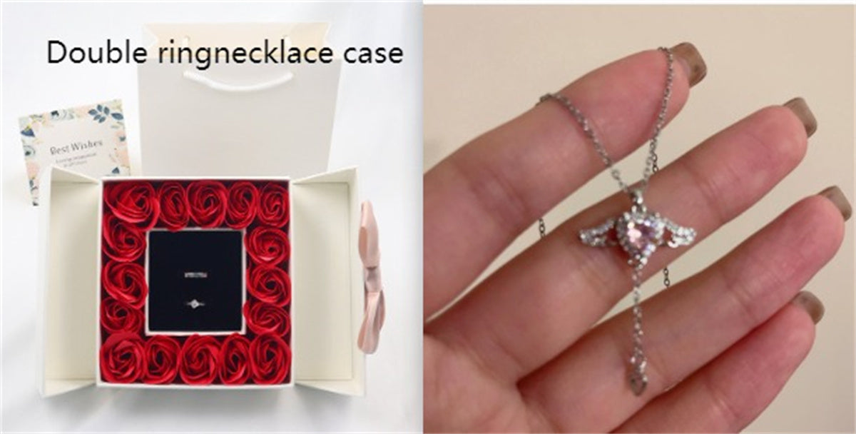 Rose Box Double Door Jewelry Box Valentine's Day Bow Gift Box Necklace Locket